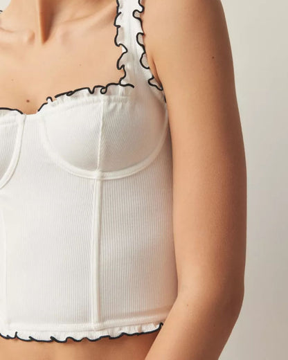 lettuce-edge-crop-top,RUFFLED WHITE CROP TOP,topwear,tops,casual,soft girl,knitted,ribbed,white,solid,contrast,slim fit,crop,crop,lettuce,square neck,shoulder strap,sleeveless