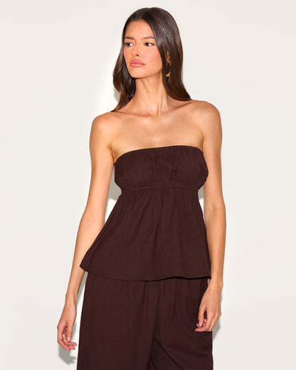 coord sets,bottomwear, topwear,casual chic, vacation, outdoor events, summer,urban fit, genz,woven,cotton,gathers,dark brown,solid,gathers,,,fit and flare fit,bandeau,waist length top,flared hem,off shoulder,no straps ,no sleeves,sleeveless,slip on,pants,wide leg pants,full length,straight hem,mid rise waist,side pockets, OY3058, 25070027GG