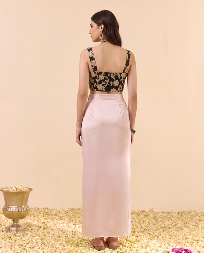 Set of 2 Black Floral Embroidered Corset Top & satin silk draped skirt set