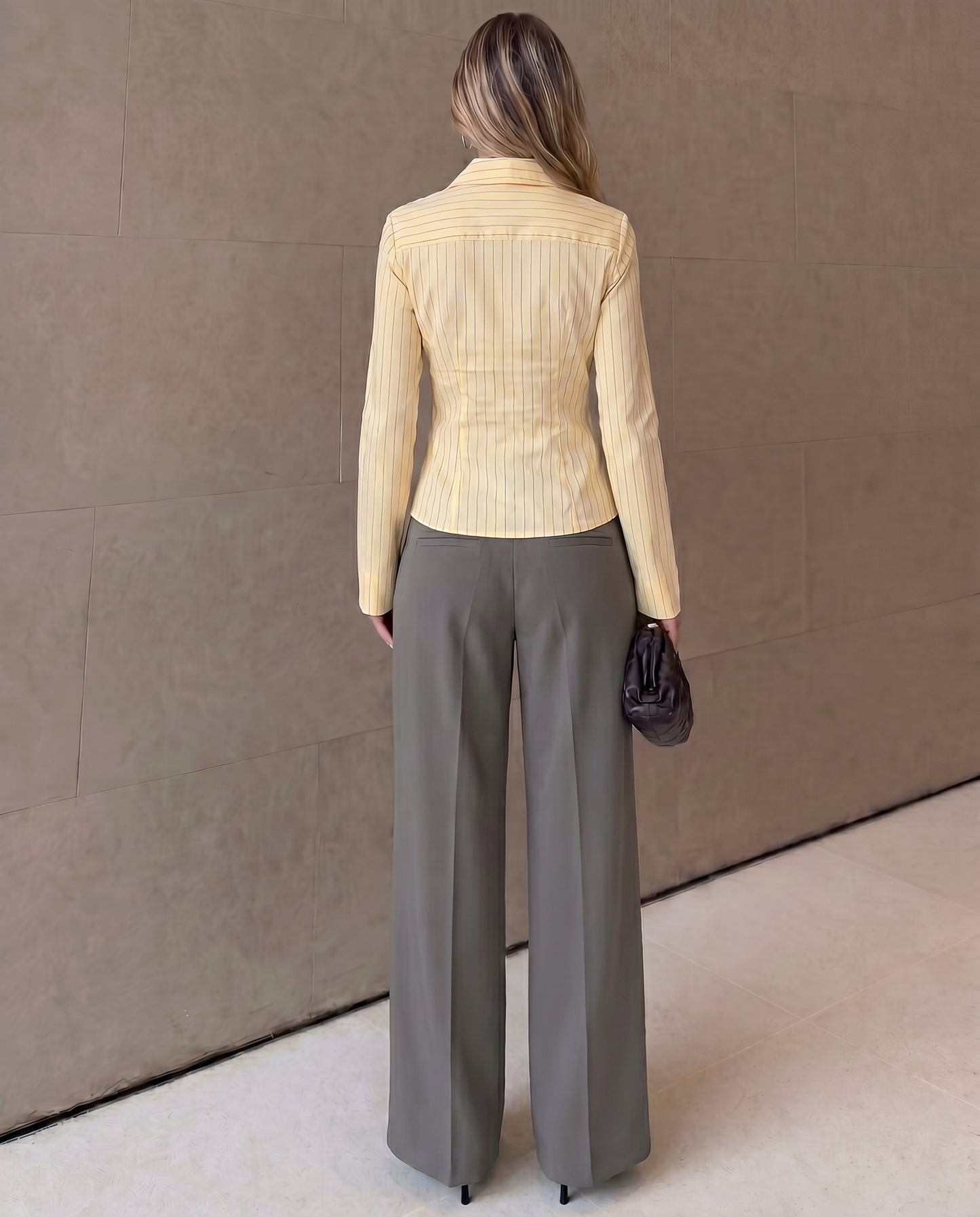 Butter Yellow Pinstripes Flared Shirt and Corset Waist Pleated pants