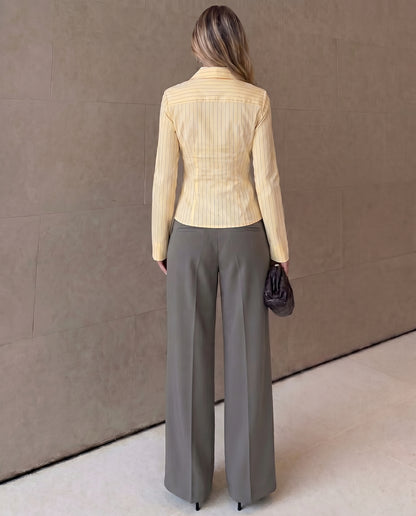Butter Yellow Pinstripes Flared Shirt and Corset Waist Pleated pants