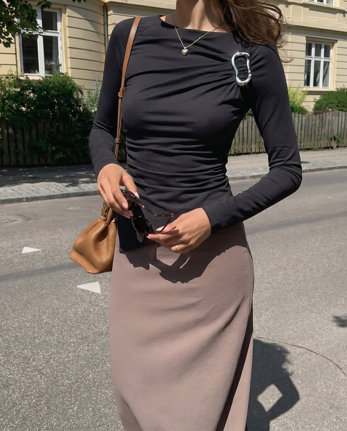 Draped Shoulder Metal Detail Top