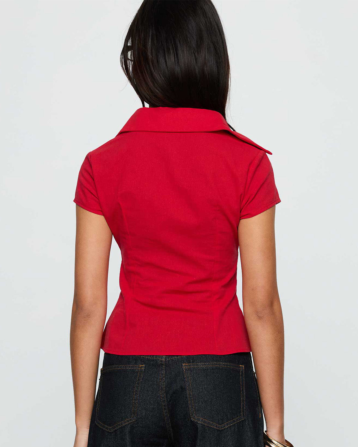 topwear,tops, shirts,casual, casual chic, semi-formal,creative workwear, gen z, millenial, minimal, summer,woven,poplin stretch,red,solid,panelling,button,slim fit,shirt,waist length,flared hem,shirt collar,no straps,set in sleeves,short sleeves, OY2128, 25090025GG