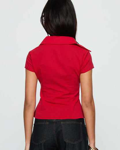 topwear,tops, shirts,casual, casual chic, semi-formal,creative workwear, gen z, millenial, minimal, summer,woven,poplin stretch,red,solid,panelling,button,slim fit,shirt,waist length,flared hem,shirt collar,no straps,set in sleeves,short sleeves, OY2128, 25090025GG