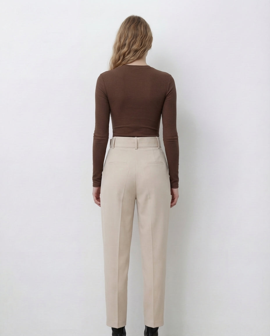 Brown Ribbed Bodysuit with Belted Tapered Pant Set