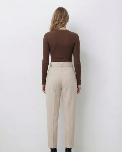 Brown Ribbed Bodysuit with Belted Tapered Pant Set