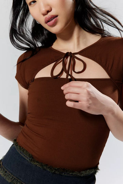 tie-up-slim-fit-top-brown,TIE-UP SLIM FIT TOP,topwear,tops,casual,streetwear,knitted,single jersey,brown,solid,cutout,slim fit,fitted,regular,tie up neck,short sleeves