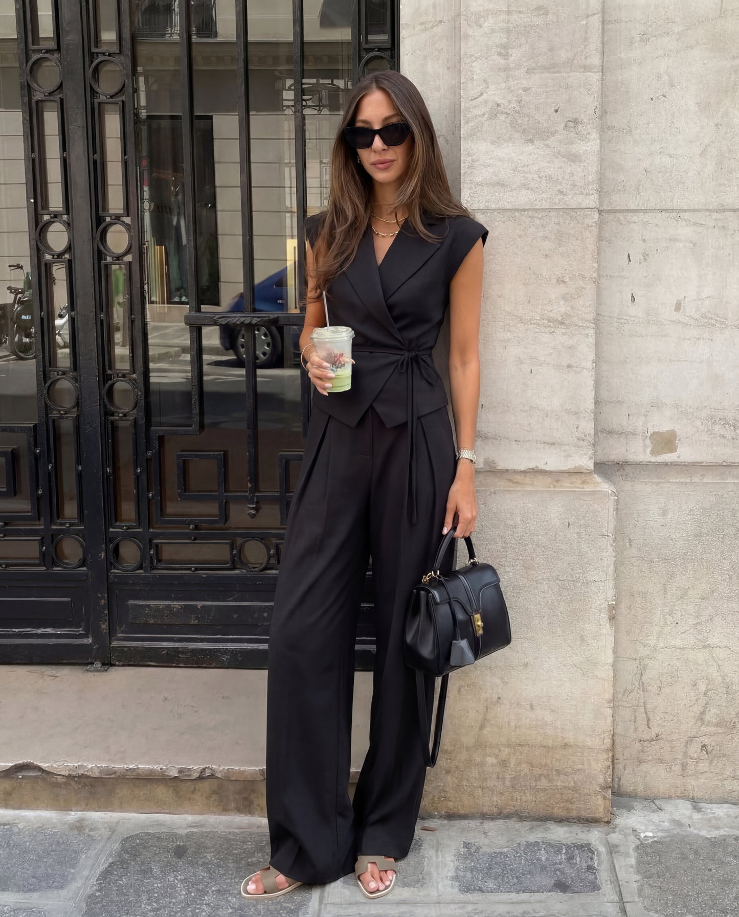 Black Tailored Peplum Vest and Wide Leg Pant Set