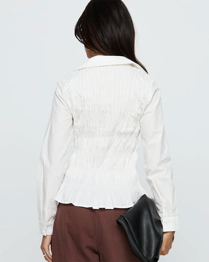 topwear,tops, shirts,casual chic,creative workwear, gen z, soft girl, summer,woven,poplin,white,solid,smocked,button,slim fit,shirt,waist length,flared hem,shirt collar,no straps,cuff sleeves,long sleeves, OY2129, 25090034GG