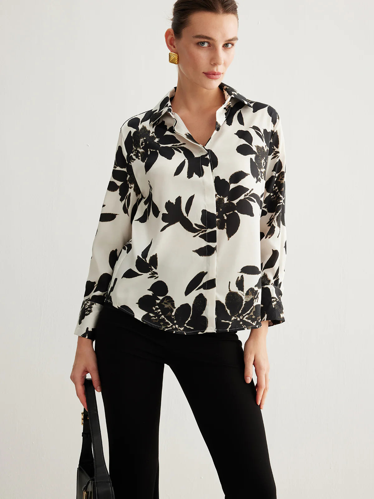 Ivory & Black Leaf's Print Satin Shirt