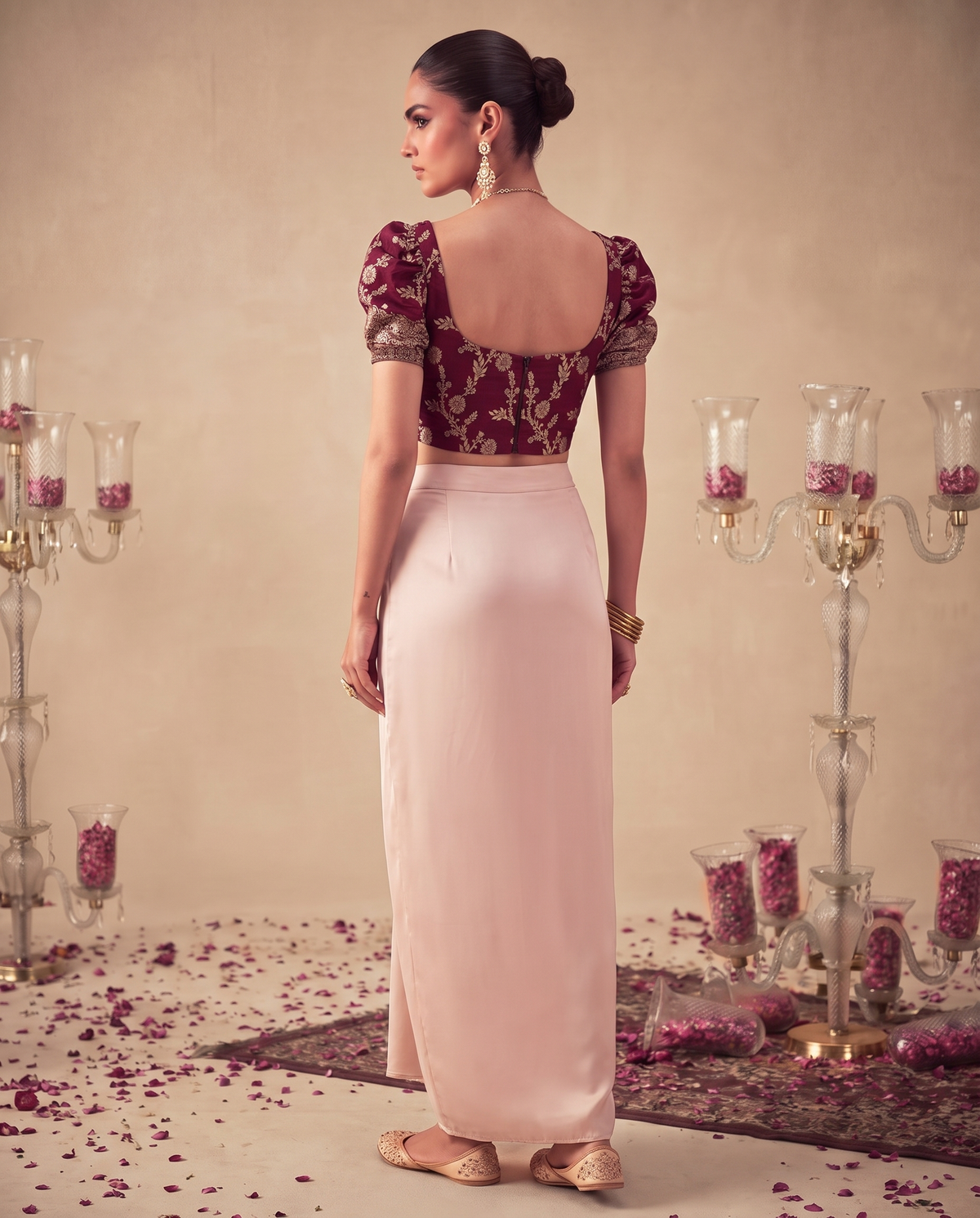 Set of 2 Maroon Floral  Banarsi Brocade  Corset Top & satin silk draped skirt set