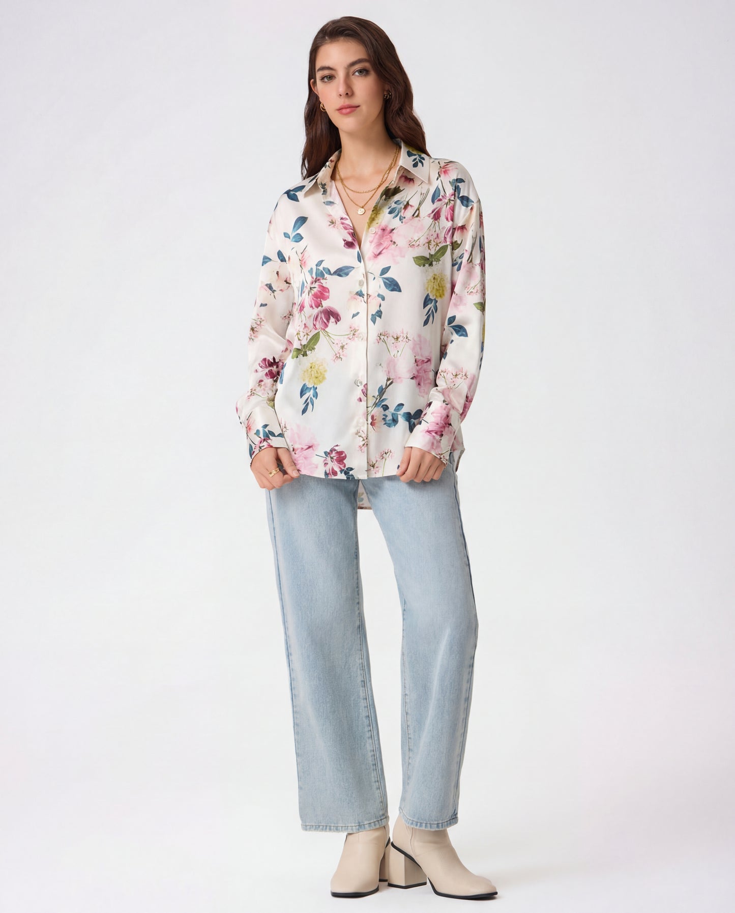 White & Multicolor Florals Satin Shirt