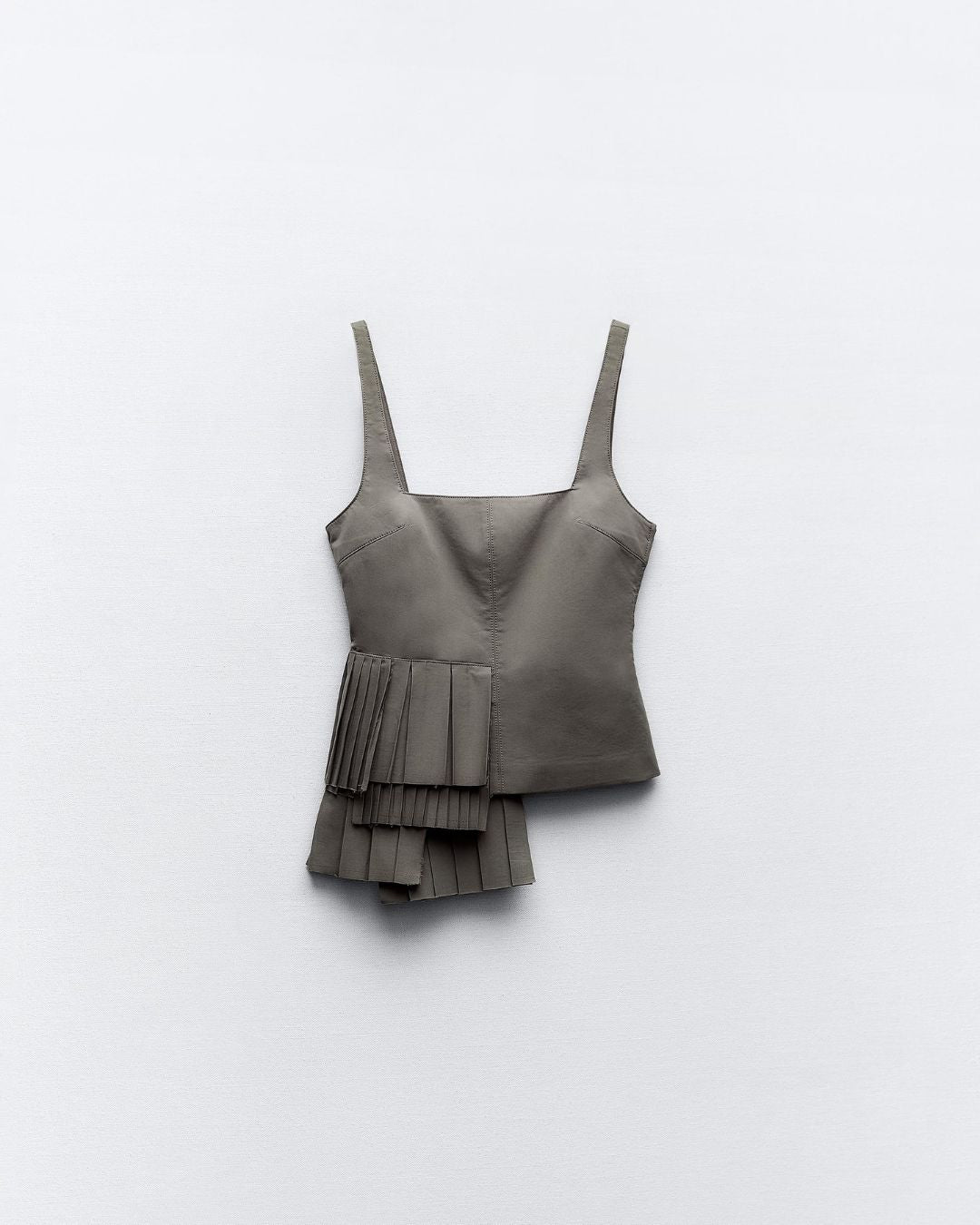 topwear,tops,casual, outdoor events,summer, streetwear,woven,cotton twill,,moss green,solid,pleated,zipper,tailored fit,fitted,waist length,asymmetric hem,square neck,shoulder strap,sleeveless,25040024GG, OY 1202