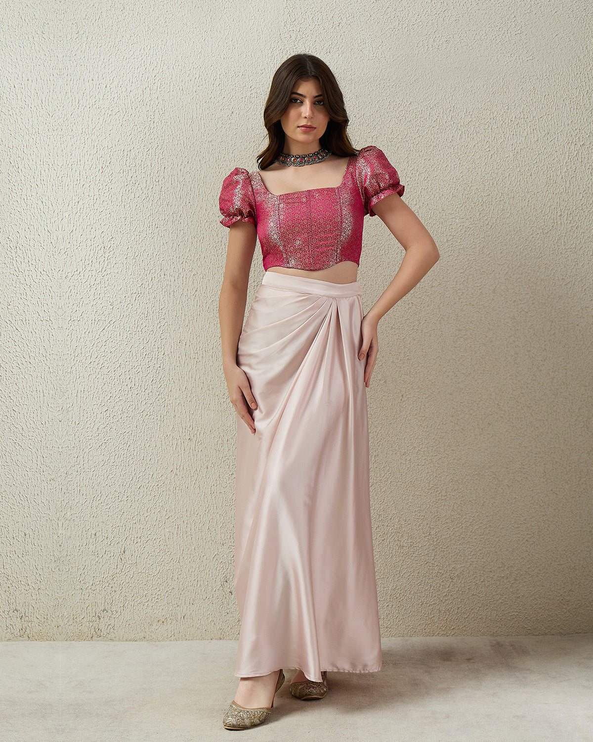 topwear,tops,ethnic, indo-western,ethnic wear, festive wear, indian wear, summer,woven,brocade,banarasi brocade,fuschia pink,floral pattern,textured,zipper,skinny fit,corset,crop,curved hem,square neck,no straps,puff sleeves,short sleeves, OY2090 fuschia pink, 25070041GG