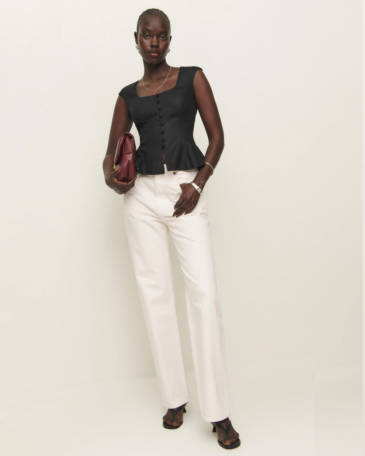 topwear,tops,semi-formal, vacation, outdoor events,minimal, sophisticated, summer,woven,cotton,black,solid,flounce,button,slim fit,peplum,waist length,flounce hem,square neck,shoulder strap,sleeveless, OY1909, 25060009GG
