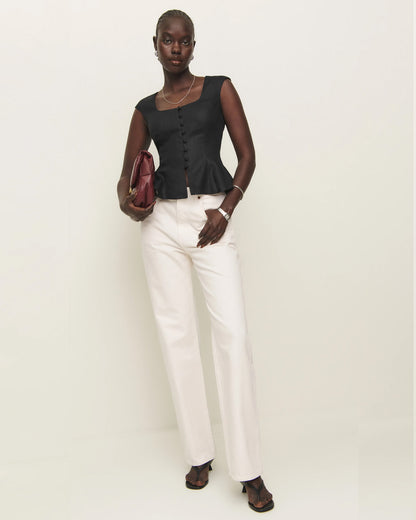 topwear,tops,semi-formal, vacation, outdoor events,minimal, sophisticated, summer,woven,cotton,black,solid,flounce,button,slim fit,peplum,waist length,flounce hem,square neck,shoulder strap,sleeveless, OY1909, 25060009GG