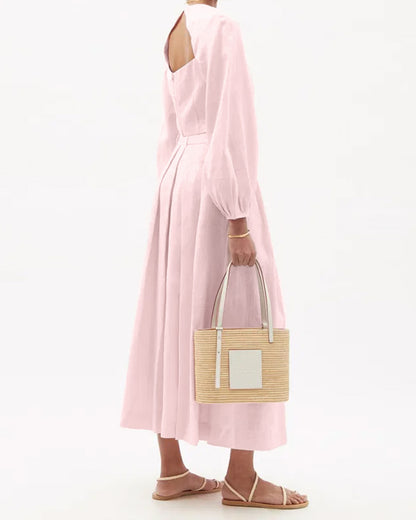 coord sets,skirt, topwear,vacation, outdoor events,minimal, sophisticated, summer, urban fit,woven,cotton slub,soft pink,solid,cutout, pleated,regular fit top,fitted top,crop top,straight hem,square neck,,balloon sleeves,long sleeves,zipper back,skirts,a-line skirt,midi,,mid rise waist,25040018GG, OY1404