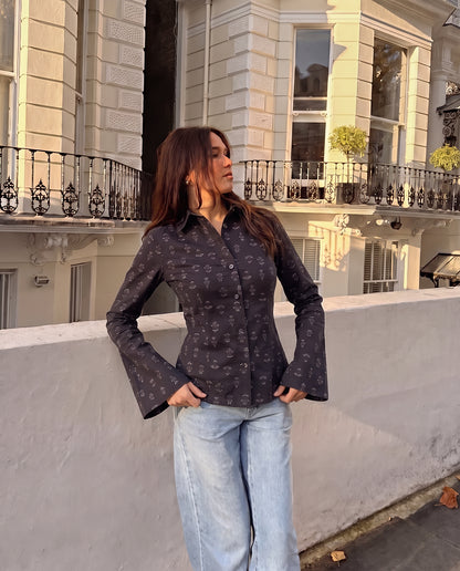 Floral Print Flared Sleeve Fitted Shirt
