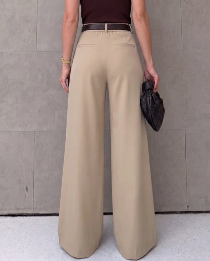 Beige Pleated Wide Leg Trouser