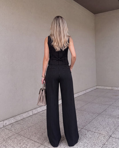 Pinstripe Vest and Wide-Leg Trousers Suit Set