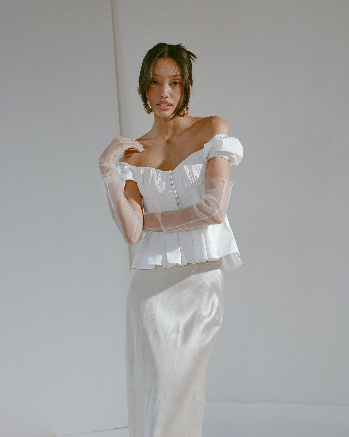 topwear,tops,outdoor events,glam, minimal, summer,woven,cotton,white,solid,ruched,skinny fit,peplum,waist length,flared hem,sweetheart neck,puff sleeves,short sleeves, OY1902-white,  25060014GG
