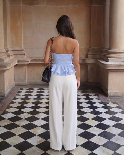 Blue Stripes Bandeau Top and White Pleated Pants with Belt