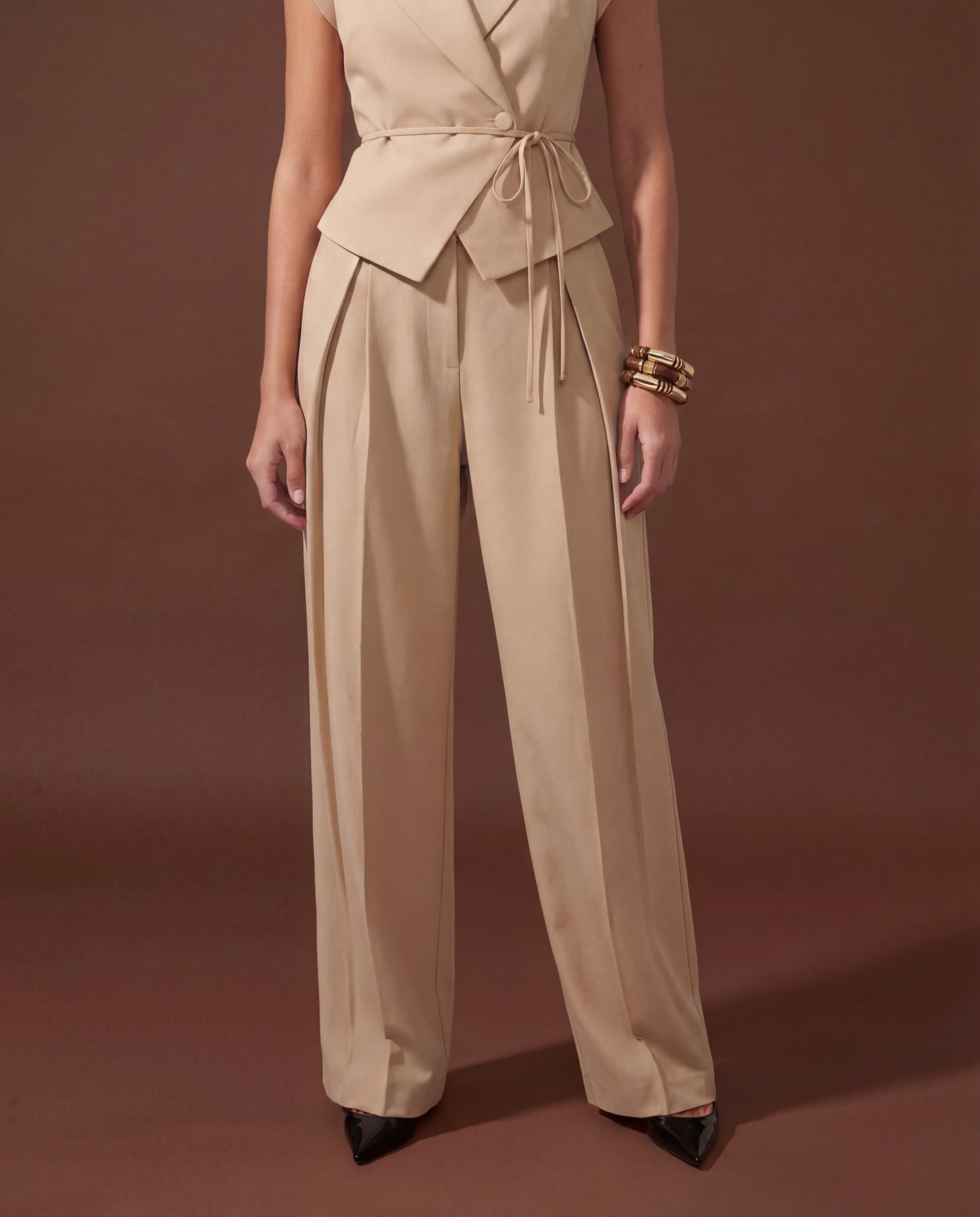 Beige Tie Up Waist Coat Suit Set