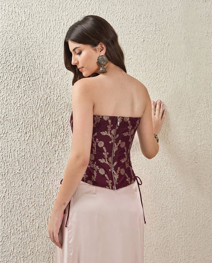 Burgundy Floral Brocade Strapless Corset Top