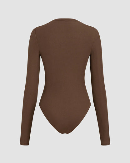 Brown Ribbed Ruched Bodysuit
