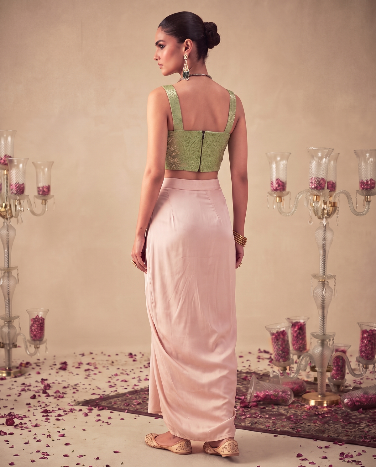 Set of 2 Mint Green Brocade Corset Top& satin silk draped skirt set