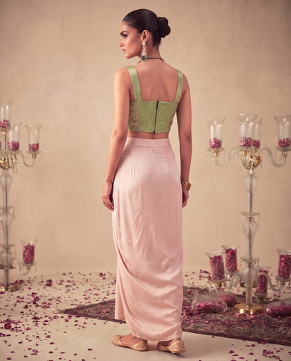 Set of 2 Mint Green Brocade Corset Top& satin silk draped skirt set