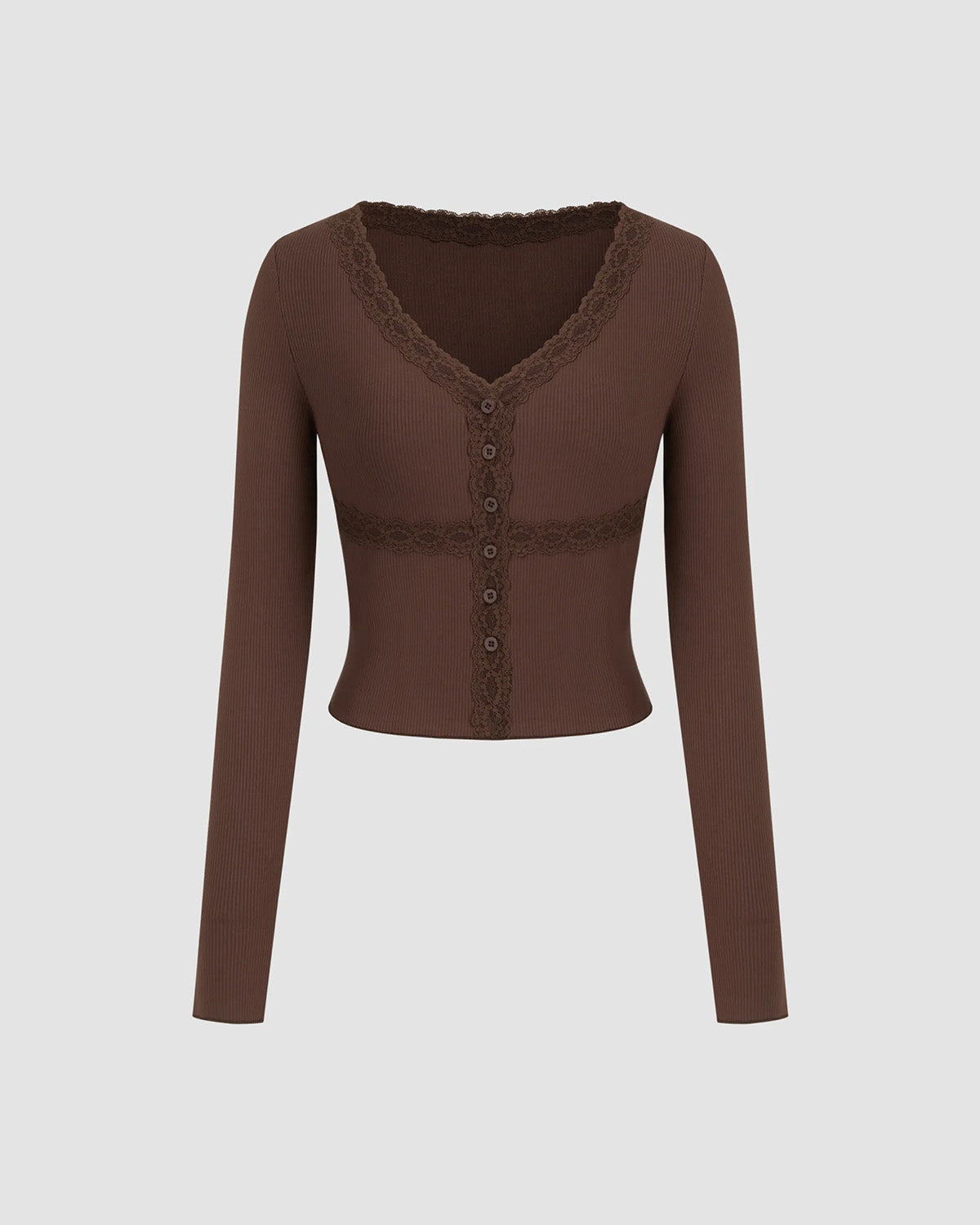 topwear,tops,casual, casual chic,gen z, minimal, summer,knitted, stretchable,ribbed,,brown,solid,contrast fabric, textured,button,skinny fit,crop top,crop,curved hem,v-neck,no straps,set in sleeves,long sleeves, OY2157, 25080019GG