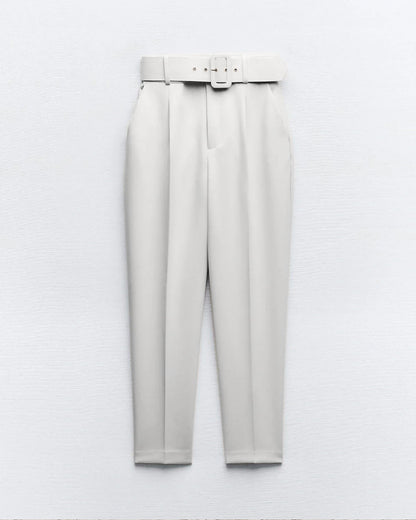 bottomwear,pants,formal, semi-formal,business outfit, urban fit, workwear,woven,polyester, spandex,white,pleated,belt,tailored fit,tapered,full length,high rise	25090037GG, OY942