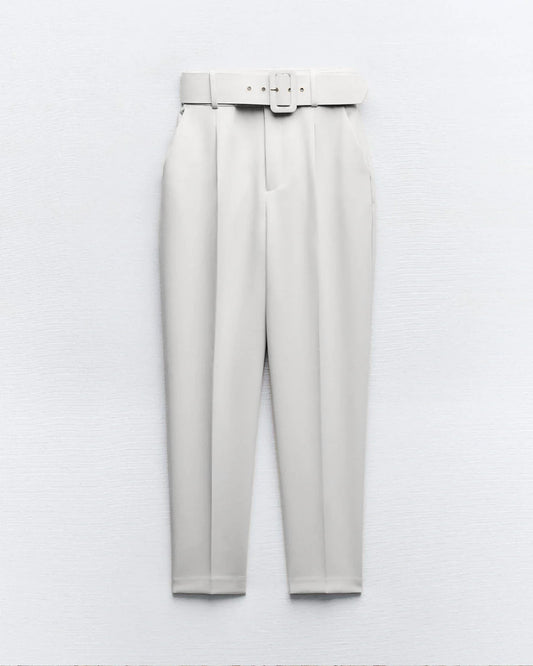 bottomwear,pants,formal, semi-formal,business outfit, urban fit, workwear,woven,polyester, spandex,white,pleated,belt,tailored fit,tapered,full length,high rise	25090037GG, OY942