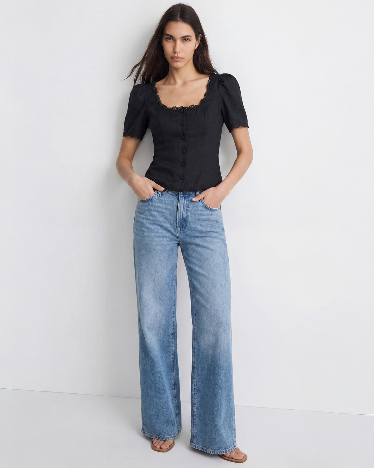 topwear,tops,casual, vacation, outdoor events,minimal, summer,woven,cotton,black,solid,lace,slim fit,fitted,waist length,scalloped hem,square neck,puff sleeves,short sleeves,OY1908, 25060008GG