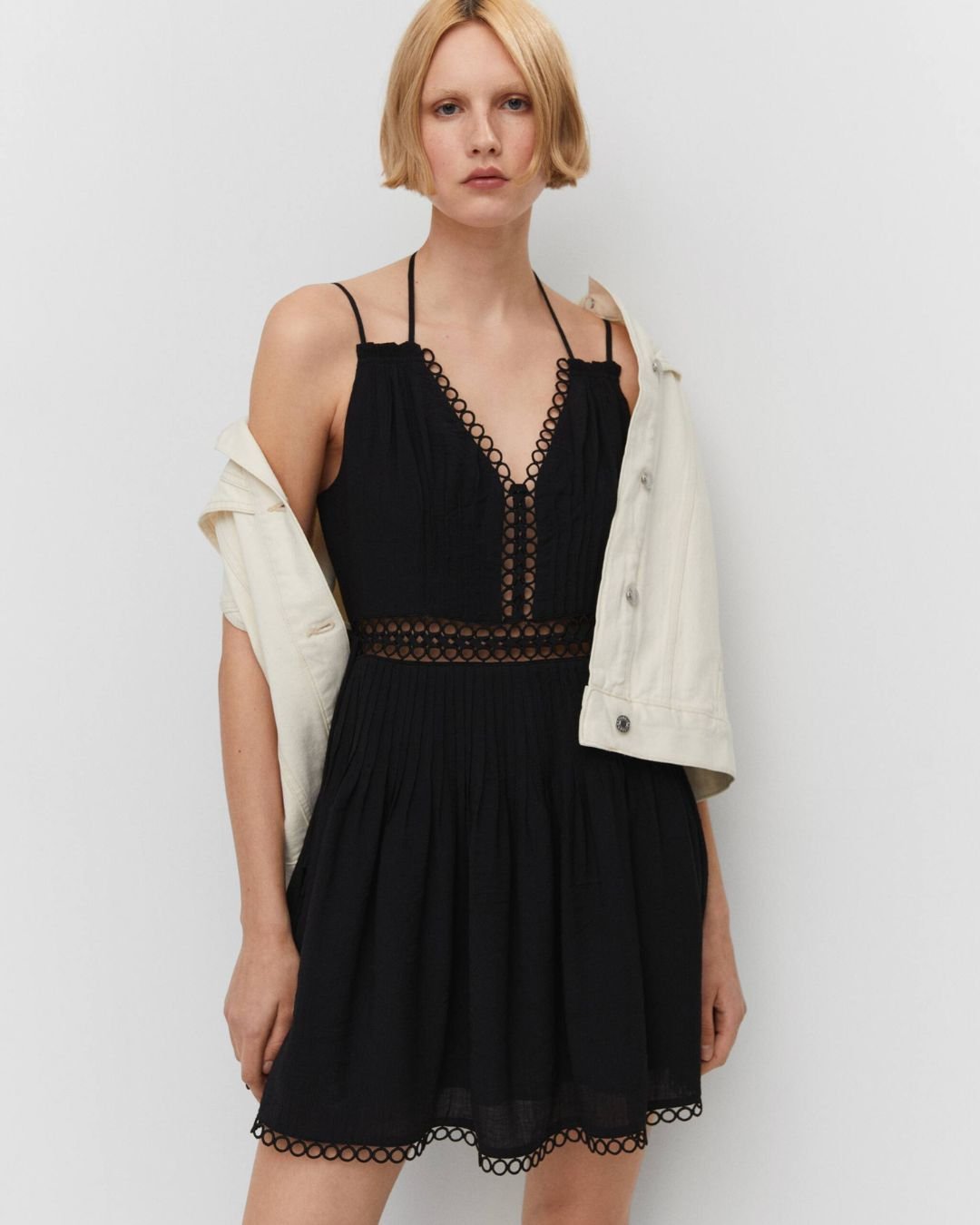 CRINKLED A-LINE DRESS,a line, adjustable strap, black, dresses, halter neck, mini, pintuck, regular fit, scalloped, sleeveless, solid, summer, vacation, viscose, woven,crinkled-a-line-dress,Color- Black
Fabric- Viscose
Type- A-Line
Fit- Regular Fit
Length- Mini
Neck- Halter Neck
Sleeve- Sleeveless
Straps- Adjustable Strap
Hem- Scalloped Hem
Print- Solid
Details- Pintuck surface work and crinkled fabric