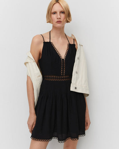 CRINKLED A-LINE DRESS,a line, adjustable strap, black, dresses, halter neck, mini, pintuck, regular fit, scalloped, sleeveless, solid, summer, vacation, viscose, woven,crinkled-a-line-dress,Color- Black
Fabric- Viscose
Type- A-Line
Fit- Regular Fit
Length- Mini
Neck- Halter Neck
Sleeve- Sleeveless
Straps- Adjustable Strap
Hem- Scalloped Hem
Print- Solid
Details- Pintuck surface work and crinkled fabric