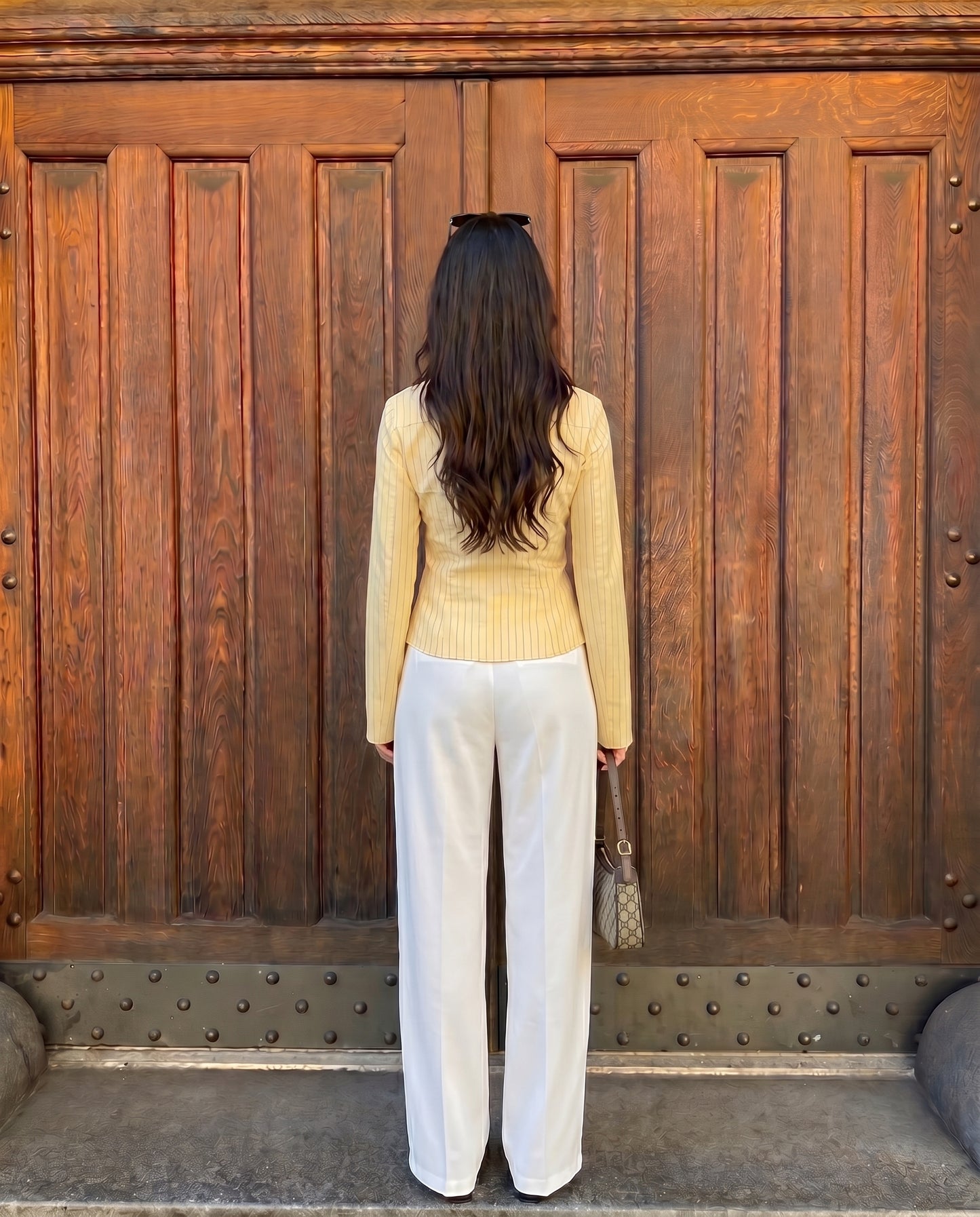 Butter Yellow Pinstripes Flared Shirt and White Pleated Pants with Belt
