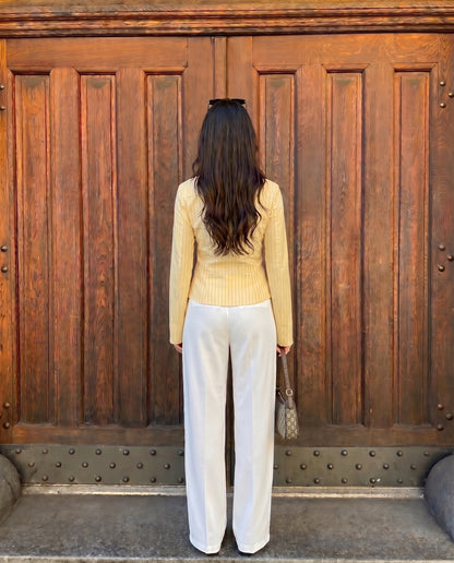 Butter Yellow Pinstripes Flared Shirt and White Pleated Pants with Belt