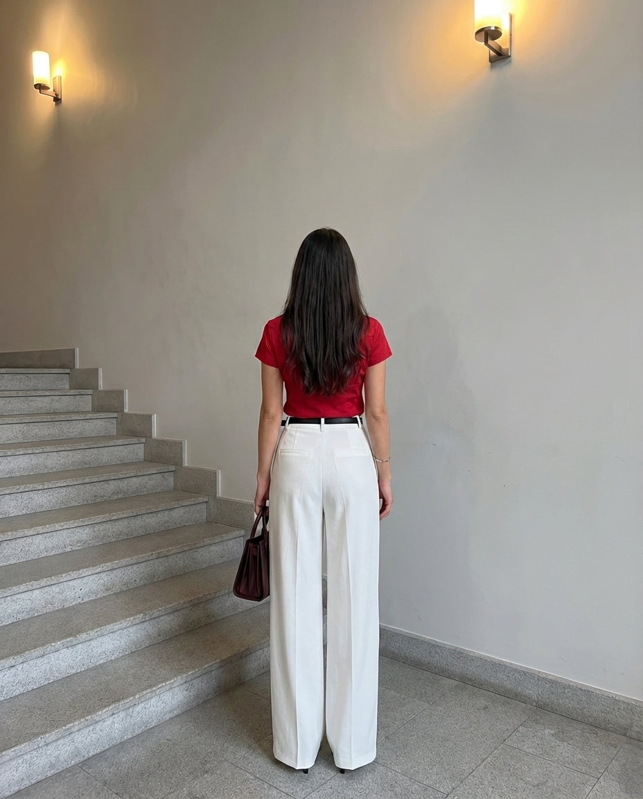 Red waist fitted shirt with white pants with Belt