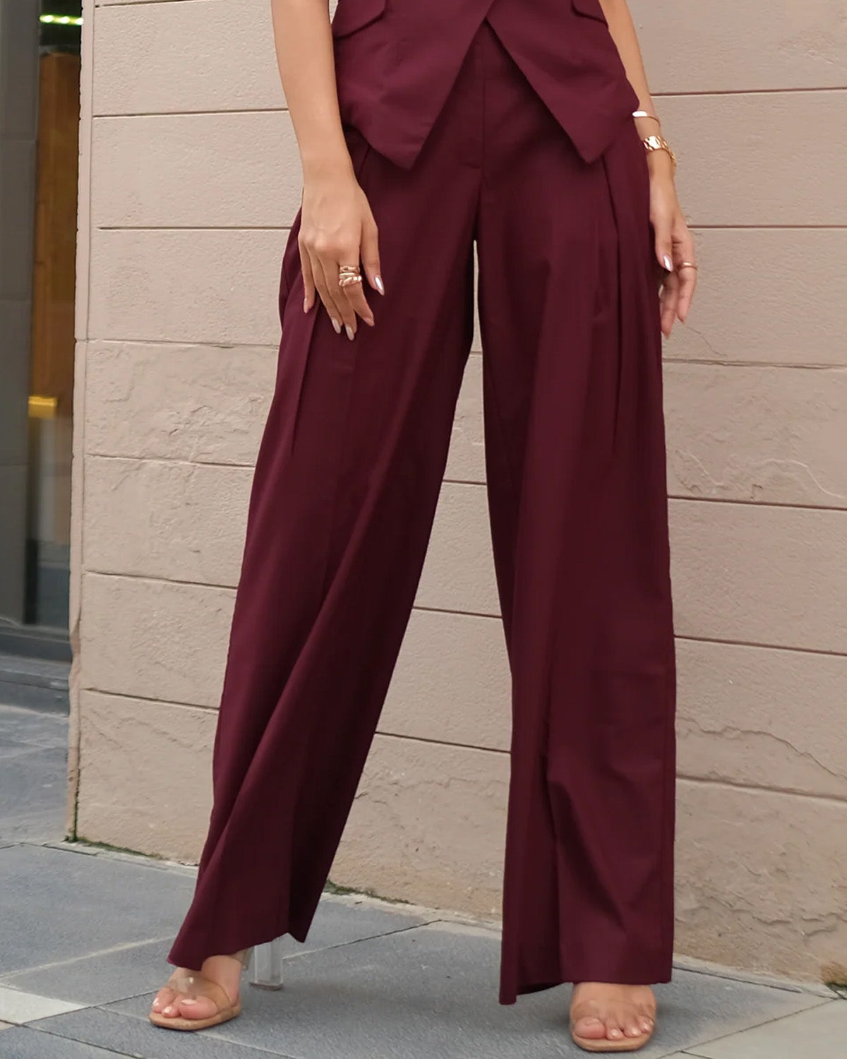 coord sets,bottomwear, topwear,formal, semi-formal, outdoor events,minimal, timeless, urban fit,knitted, stretchable,polyester, spandex,maroon,solid,panelling,button,tailored fit top,waist coat,waist length top,slit hem,lapel collar,no sleeves,no sleeves,button down top,trousers,pleated pants,full length,straight hem,high rise waist,2 pockets,25060013GG, OY1246