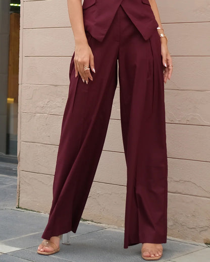 coord sets,bottomwear, topwear,formal, semi-formal, outdoor events,minimal, timeless, urban fit,knitted, stretchable,polyester, spandex,maroon,solid,panelling,button,tailored fit top,waist coat,waist length top,slit hem,lapel collar,no sleeves,no sleeves,button down top,trousers,pleated pants,full length,straight hem,high rise waist,2 pockets,25060013GG, OY1246