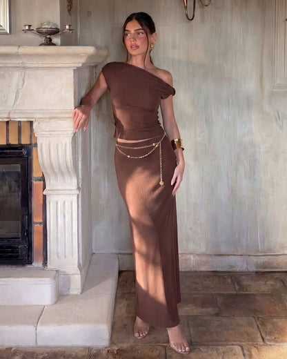 Brown Fitted Knot Shoulder Top & Skirt Set