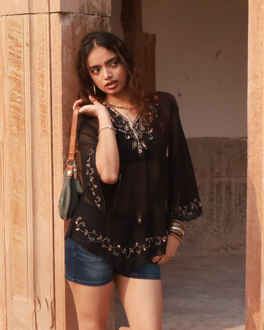 Nargis Embellished flared sleeve bohemian Top - Black