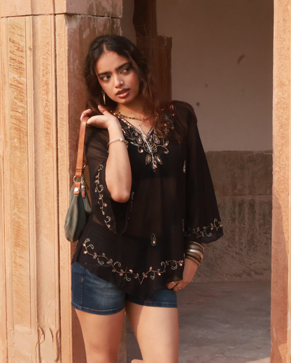 Nargis Embellished flared sleeve bohemian Top - Black