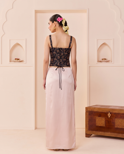 Set of 2 Black Gold  Brocade Corset Top& satin silk draped skirt