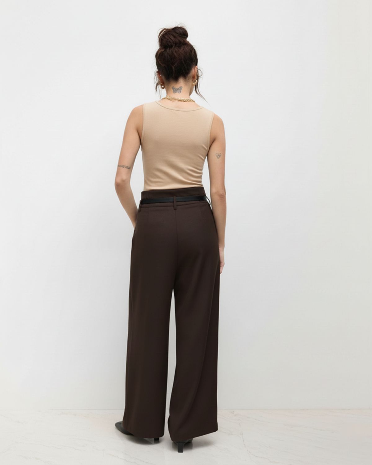 bottomwear,pants,semi-formal,business outfit,stretchable,polyester, spandex,dark brown,pleated,tailored fit,wide leg,full length,high rise, OY-959- DARK BROWN, 25090072GG