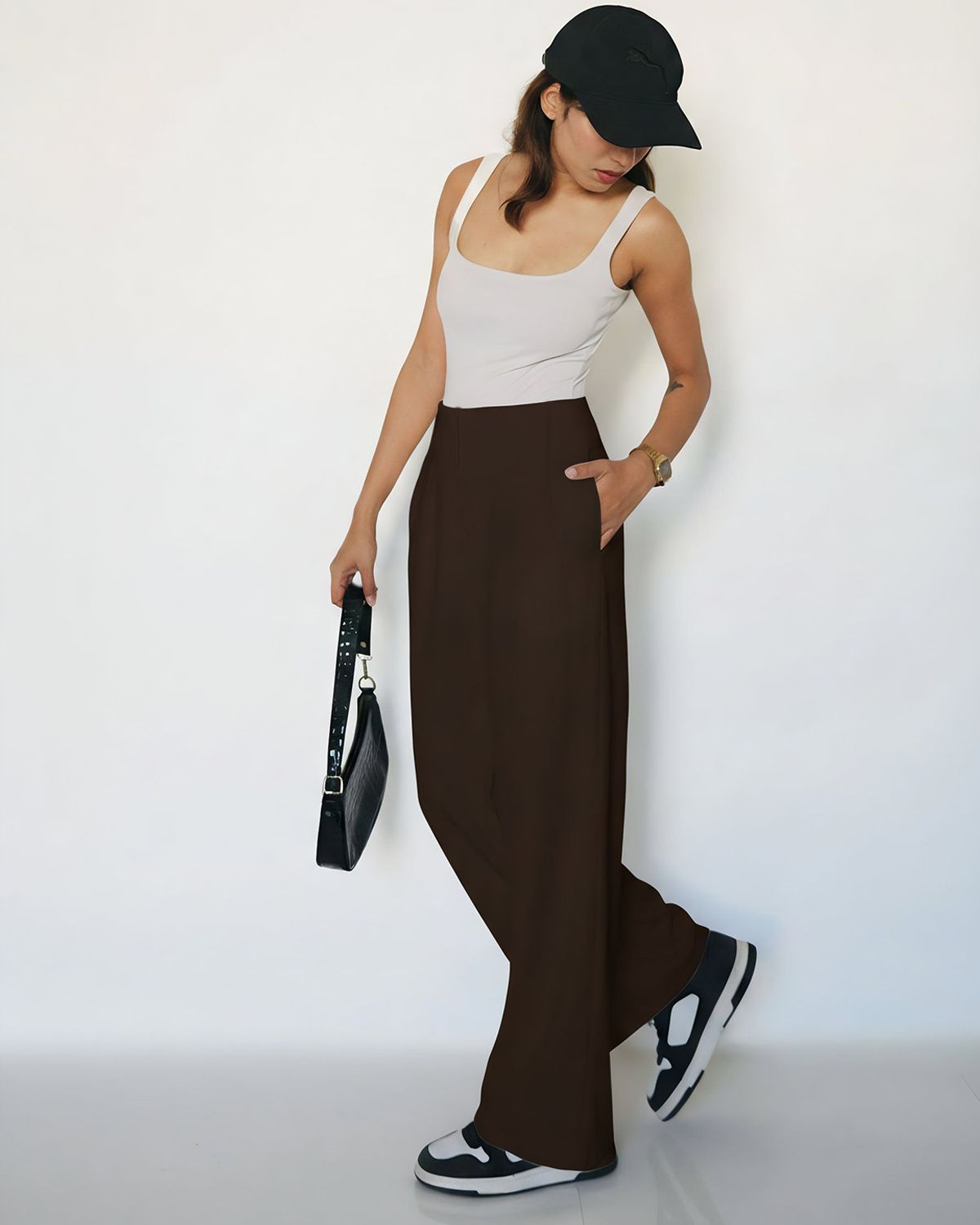 bottomwear,trousers,semi-formal,workwear,stretchable,polyester, spandex,dark brown,pleated,relaxed fit,wide leg,full length,high rise, 25090078GG, oy963 