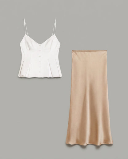 White Spaghetti Strap Peplum Top With Champagne Satin Skirt