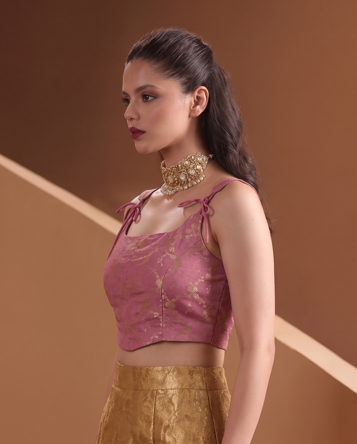 Carnation Pink Tie Up Strap Brocade Corset Top